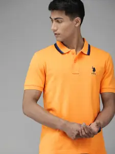 U.S. Polo Assn. Men Mustard Yellow Solid Round Neck Pure Cotton T-shirt