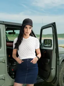 The Roadster Lifestyle Co Women Crochet Knit White Pure Cotton Geometric Regular Top