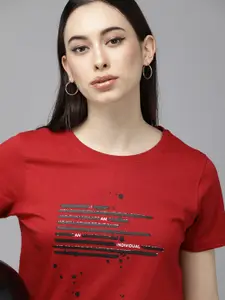 The Roadster Lifestyle Co Women Red Typography Printed Pure Cotton T-shirt