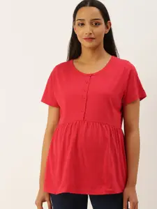 Nejo Women Red Solid Pleated Maternity Pure Cotton A-Line Top