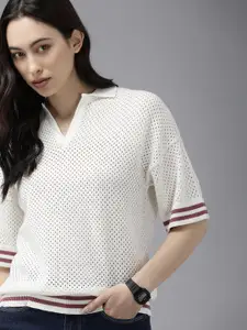 The Roadster Lifestyle Co Off White Extended Sleeves Crochet Knit Regular Top