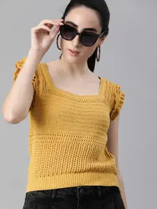 The Roadster Lifestyle Co Yellow Crochet Knit Pure Cotton Top