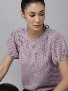 Roadster Mauve Puff Sleeves Crochet Knit Top