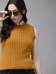 The Roadster Lifestyle Co Mustard Yellow Crochet Knit Regular Top