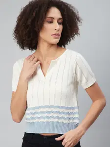 The Roadster Lifestyle Co White & Blue Crochet Knit Pure Cotton Woven Design Regular Top