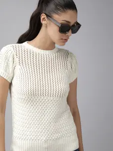 The Roadster Lifestyle Co Off White Puff Sleeves Crochet Knit Top
