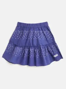 toothless Girls Blue & Silver Dora Heart Print Pure Cotton Tiered Flared Skirt