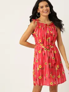 DressBerry Women Pink & Yellow Floral Printed A-Line Dress