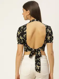 The Dry State Black & Yellow Floral Print Puff Sleeves Styled Back Crop Top