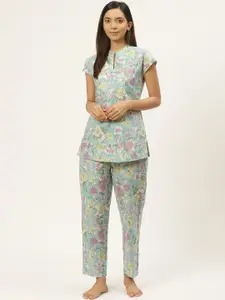 Prakrti Women Blue & Pink Floral Printed Pure Cotton Night suit