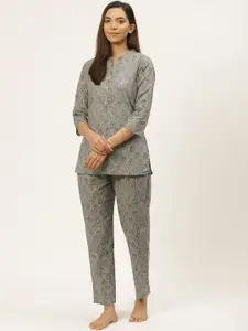 Prakrti Women Grey & Yellow Floral Printed Pure Cotton Sustainable Night suit