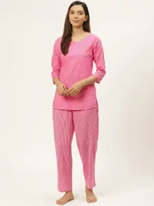 Prakrti Women Pink & White Handblock Printed Pure Cotton Night suit