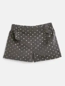 Cherry Crumble Girls Charcoal Grey & Golden Cotton Polka Dots Printed Regular Fit Shorts