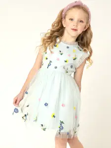 Cherry Crumble Girls Green Floral Embroidered Net Fit and Flare Dress