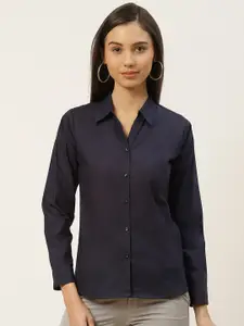 RIVI Women Navy Blue Pure Cotton Slim Fit Solid Formal Shirt