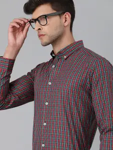 THE BEAR HOUSE Men Red & Blue Slim Fit Checked Giza Cotton Formal Shirt