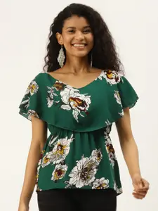 DIVA WALK EXCLUSIVE Green & White Floral Printed Flutter Sleeves Layered Cinched Waist Top