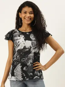 DIVA WALK EXCLUSIVE Women Black & Grey Floral Printed Semi-Sheer Flared Sleeves Top