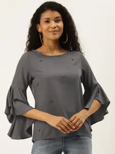 DIVA WALK EXCLUSIVE Women Charcoal Grey Embellished Bell Sleeves Top