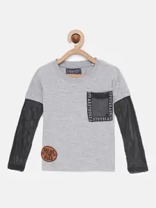 Cherokee Boys Grey Melange & Black Solid Round Neck T-shirt