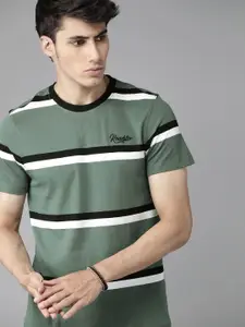 The Roadster Lifestyle Co Men Green  White Striped Pure Cotton T-shirt