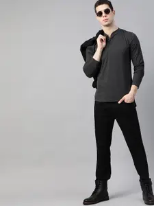 The Roadster Lifestyle Co Men Charcoal Grey Henley Neck Cotton T-shirt