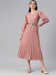 plusS Peach-Coloured Accordion Pleated Wrap Dress