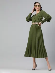 plusS Women Olive Green Solid Accordion Pleated Wrap Dress