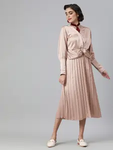 plusS Women Peach-Coloured Solid Satin Finish Accordion Pleat Midi A-Line Dress