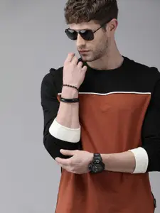 The Roadster Lifestyle Co Men Black  Rust Brown Colourblocked Pure Cotton T-shirt