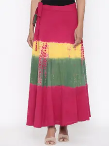 SOUNDARYA Women Magenta & Green Tie-Dyed Print Wrap-Around Maxi Skirt