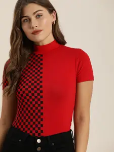 Moda Rapido Women Red  Black Printed High Neck Pure Cotton T-shirt