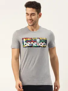 United Colors of Benetton Men Grey Melange Printed Round Neck Pure Cotton T-shirt