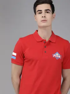 French Connection Men Red Solid Polo Collar Pure Cotton T-shirt With Printed Detailing