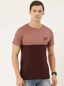 DILLINGER Men Maroon  Mauve Colourblocked Round Neck Pure Cotton T-shirt