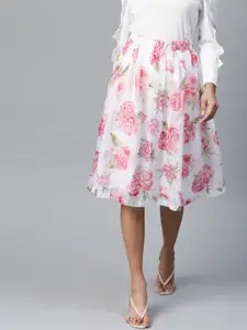 SASSAFRAS White & Pink Floral Printed Midi Flared Skirt