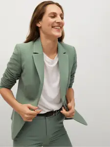 MANGO Women Green Solid Tailored Fit Single-Breasted Sustainable Blazer
