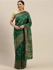 Mitera Green & Golden Silk Blend Woven Design Banarasi Saree