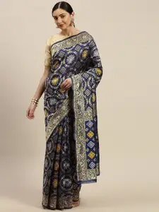 Mitera Navy Blue & Golden Silk Blend Woven Design Banarasi Saree