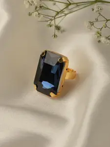Zaveri Pearls Navy Blue Gold-Plated Crystal Studded Rectangular Adjustable Finger Ring