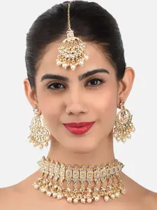 Zaveri Pearls Gold-Plated Wedding Collection Kundan Necklace, Earring & Maangtikka Set