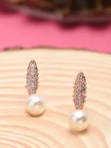 Zaveri Pearls White Rose Gold-Plated Cubic Zirconia Spherical Drop Earrings