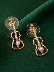 Zaveri Pearls White Rose Gold-Plated Cubic Zirconia Guitar-Shaped Drop Earrings