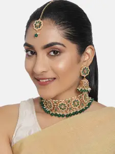 Zaveri Pearls Green Gold-Plated Wedding Collection Necklace, Earring & Maangtikka Set
