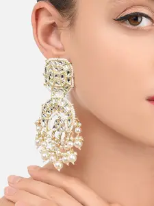 Zaveri Pearls White Gold-Plated Studded Crescent Shaped Drop Earrings