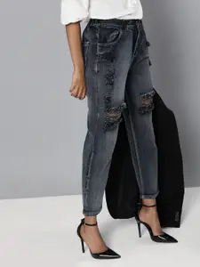 SASSAFRAS Women Navy Blue Regular Fit High-Rise Highly Distressed Cropped Jeans