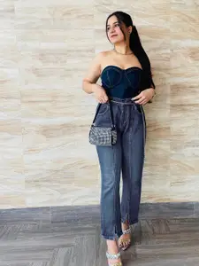 SASSAFRAS Women Blue Regular Fit High-Rise Clean Look Panelled Cropped Jeans