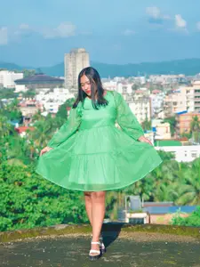 SASSAFRAS Women Green Solid Tiered Puff Sleeves A-Line Dress