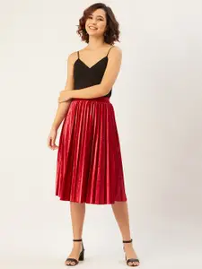 ANVI Be Yourself Women Red Solid Accordion Pleated Flared Midi Skirt