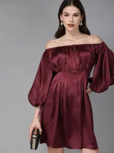 MISH Women Burgundy Solid Off-Shoulder Pleated Fit and Flare Dress